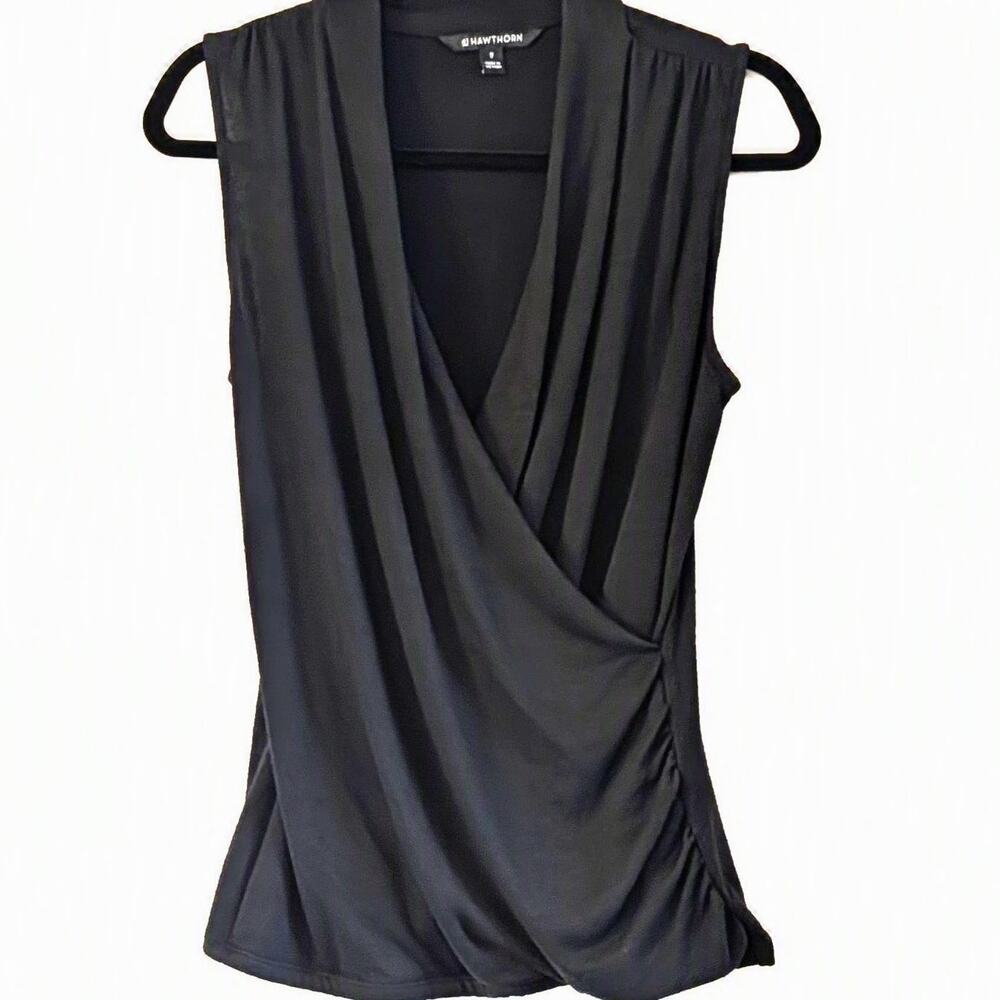 41 Hawthorn Black Faux Wrap Top M Draped Surplice Sleeveless Blouse